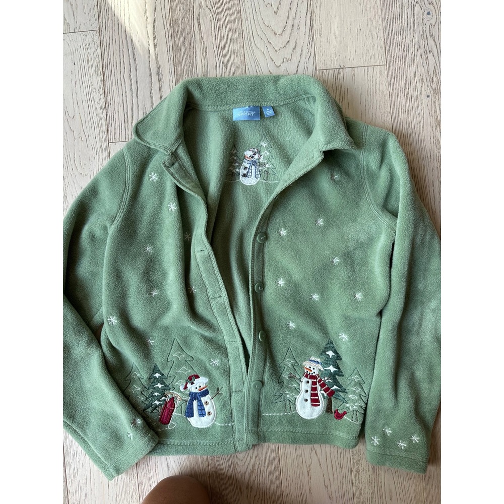 Croft & Barrow Sport Women Green Fleece Snowman Embroidered Button Cardigan M
